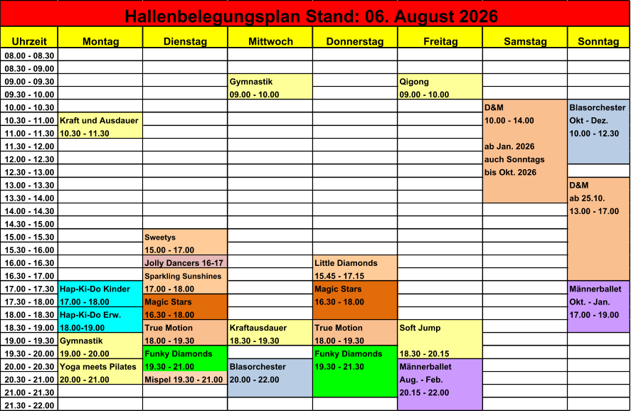 Uhrzeit Montag Dienstag Mittwoch Donnerstag Freitag Samstag Sonntag 08.00 - 08.30 08.30 - 09.00 09.00 - 09.30 Gymnastik Qigong 09.30 - 10.00 09.00 - 10.00 09.00 - 10.00 10.00 - 10.30 D&M Blasorchester 10.30 - 11.00 Kraft und Ausdauer 10.00 - 14.00 Okt - Dez. 11.00 - 11.30 10.30 - 11.30 10.00 - 12.30 11.30 - 12.00 ab Jan. 2026 12.00 - 12.30 auch Sonntags 12.30 - 13.00 bis Okt. 2026 13.00 - 13.30 D&M 13.30 - 14.00 ab 25.10. 14.00 - 14.30 13.00 - 17.00 14.30 - 15.00 15.00 - 15.30 Sweetys  15.30 - 16.00 15.00 - 17.00 16.00 - 16.30 Jolly Dancers 16-17 Little Diamonds 16.30 - 17.00 Sparkling Sunshines 15.45 - 17.15 17.00 - 17.30 Hap-Ki-Do Kinder 17.00 - 18.00 Magic Stars M�nnerballet 17.30 - 18.00 17.00 - 18.00 Magic Stars 16.30 - 18.00 Okt. - Jan. 18.00 - 18.30 Hap-Ki-Do Erw. 16.30 - 18.00 17.00 - 19.00 18.30 - 19.00 18.00-19.00 True Motion Kraftausdauer True Motion Soft Jump 19.00 - 19.30 Gymnastik 18.00 - 19.30 18.30 - 19.30 18.00 - 19.30 19.30 - 20.00 19.00 - 20.00 Funky Diamonds Funky Diamonds 18.30 - 20.15 20.00 - 20.30 Yoga meets Pilates 19.30 - 21.00 Blasorchester 19.30 - 21.30 M�nnerballet 20.30 - 21.00 20.00 - 21.00 Mispel 19.30 - 21.00 20.00 - 22.00 Aug. - Feb. 21.00 - 21.30 20.15 - 22.00 21.30 - 22.00 Hallenbelegungsplan Stand: 06. August 2026